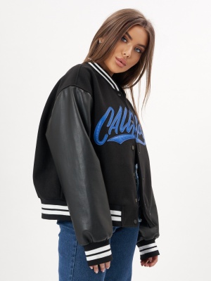 Кожаный бомбер оверсайз женский черного цвета 3613Ch фото в интернет-магазине FrontFlip.Ru