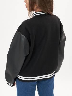 Кожаный бомбер оверсайз женский черного цвета 3613Ch фото в интернет-магазине FrontFlip.Ru