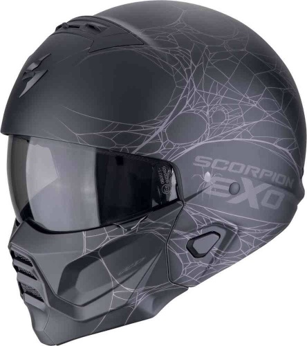 [SCORPION EXO] Мотошлем COMBAT II SPIDERWEB, цвет Черный Матовый/Серебристый фото в интернет-магазине FrontFlip.Ru